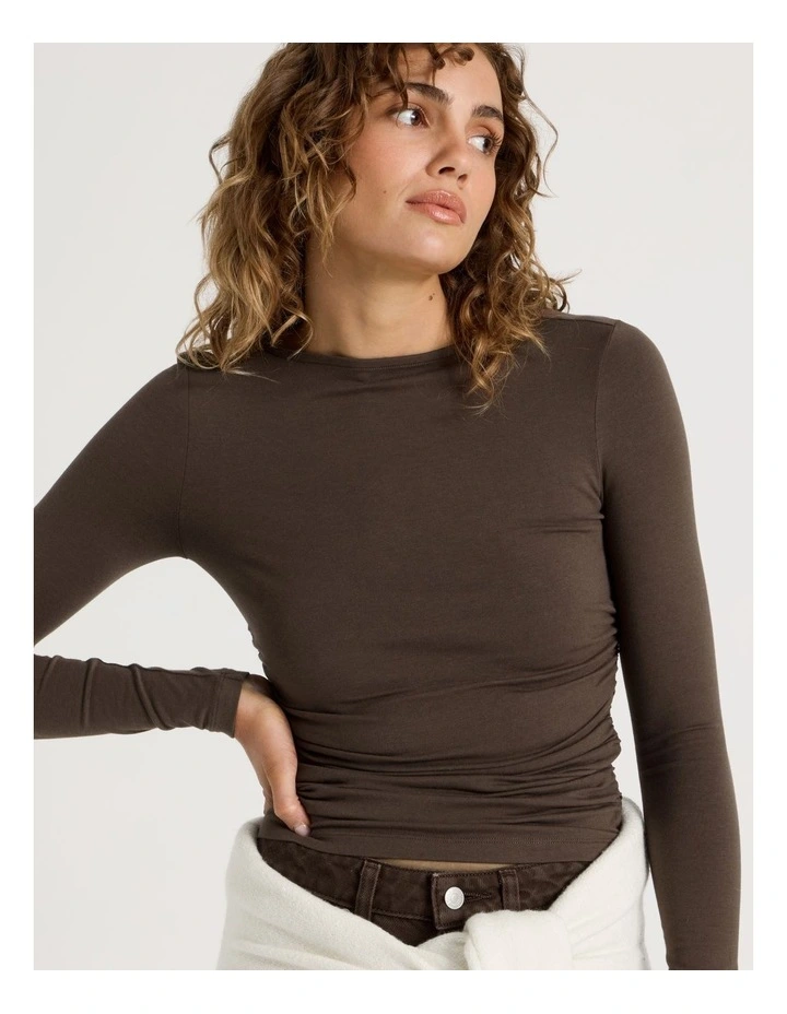 Gathered Boat Neck Long Sleeve Top in Shaved Choc image 4