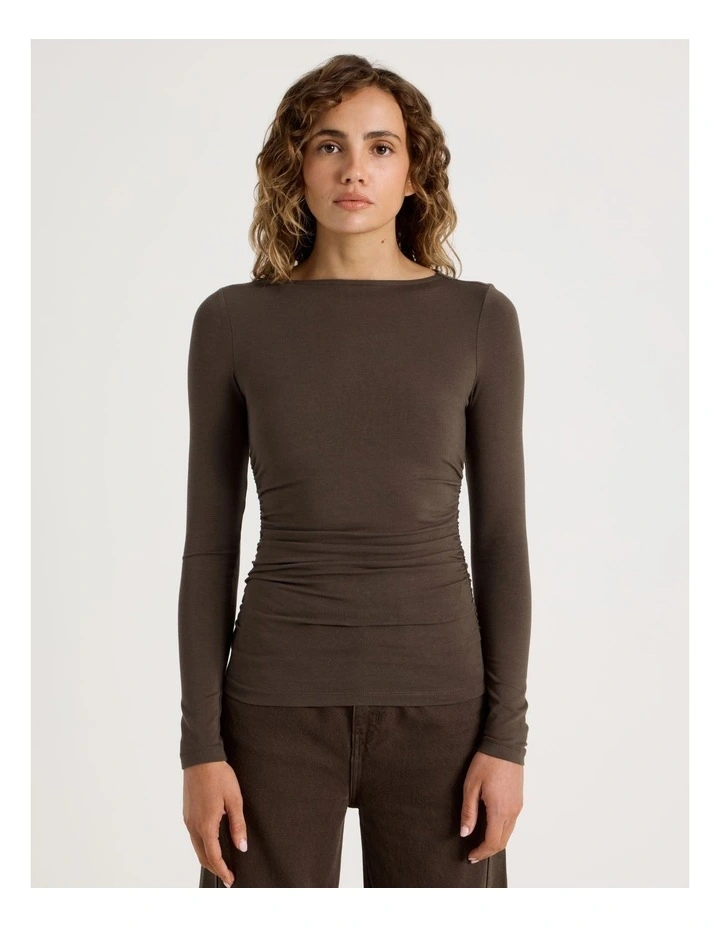 Gathered Boat Neck Long Sleeve Top in Shaved Choc image 5