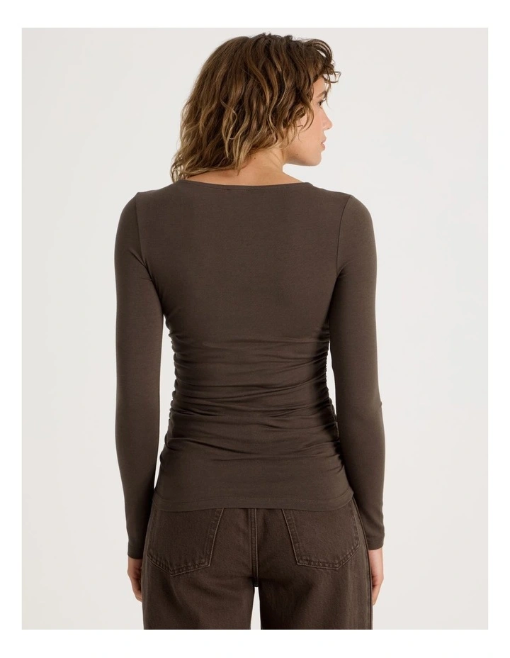 Gathered Boat Neck Long Sleeve Top in Shaved Choc image 6