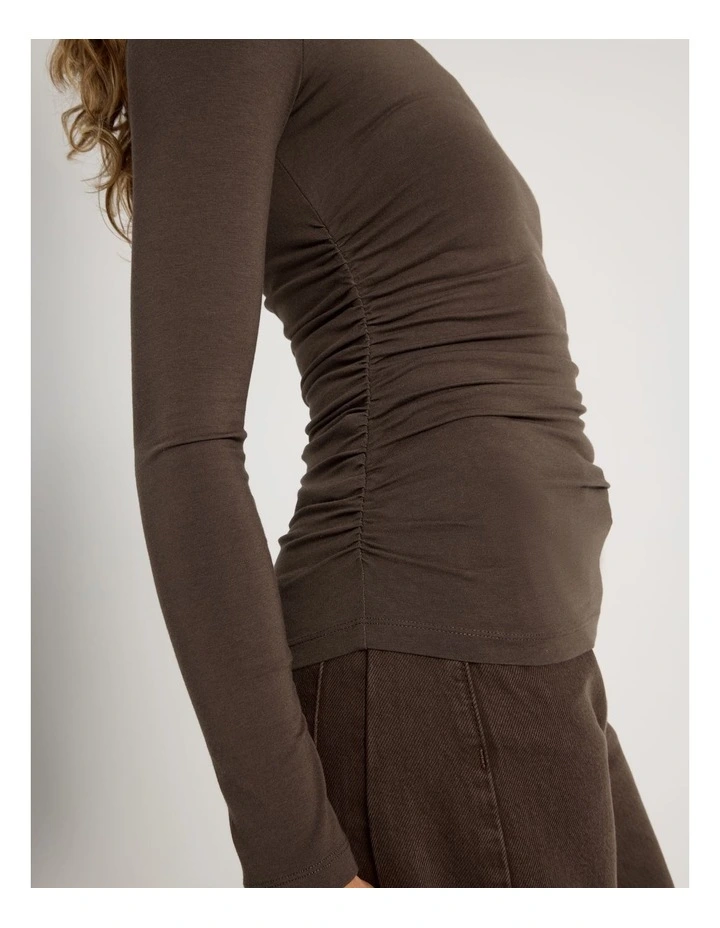 Gathered Boat Neck Long Sleeve Top in Shaved Choc image 7