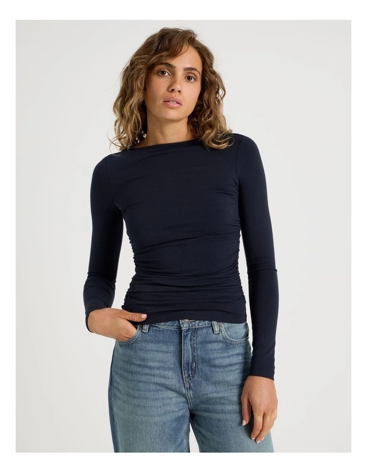 Gathered Boat Neck Long Sleeve in Naval Academy image 1