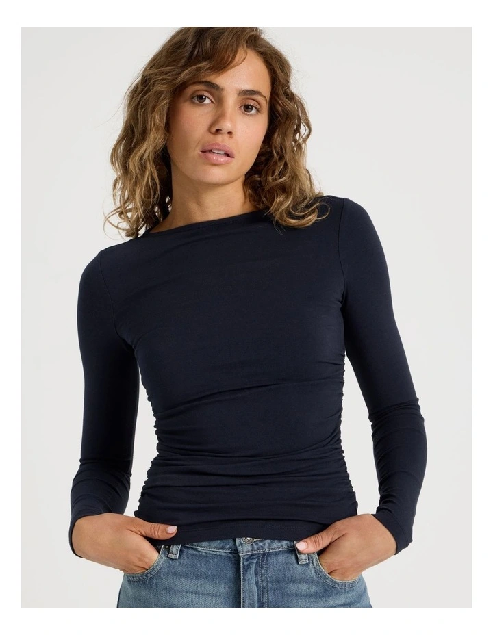Gathered Boat Neck Long Sleeve in Naval Academy image 3