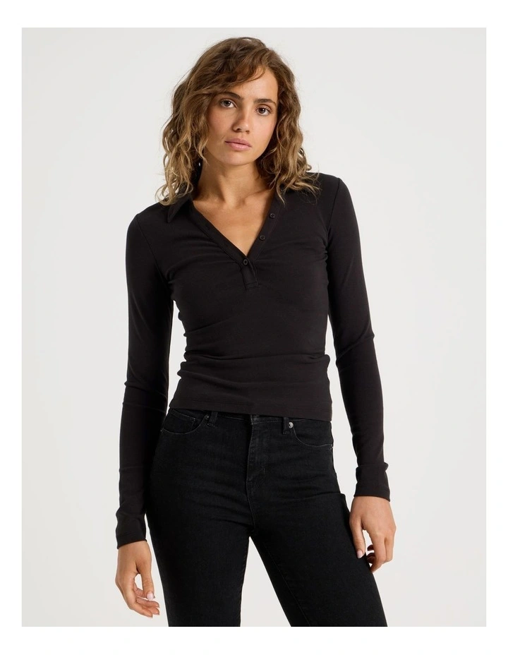 Slim Fit Polo Long Sleeve in Black image 1