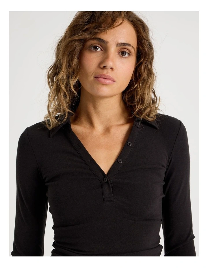 Slim Fit Polo Long Sleeve in Black image 2