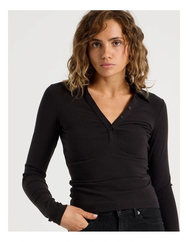 Slim Fit Polo Long Sleeve in Black image 3