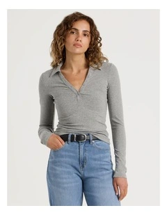 Slim Fit Long Sleeve Polo in Charcoal Marle