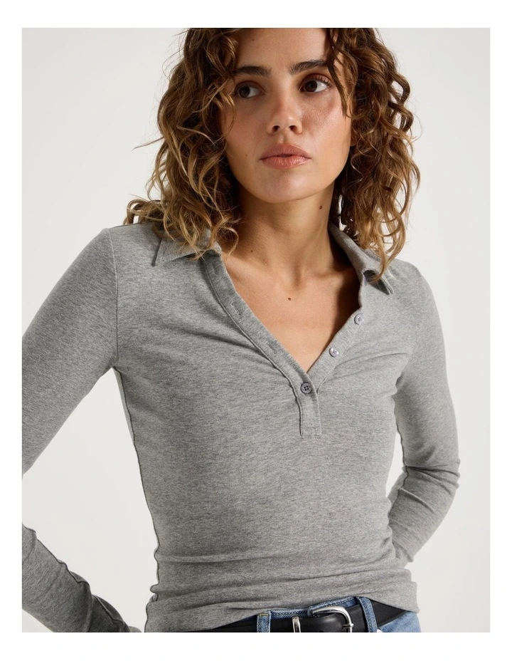 Slim Fit Long Sleeve Polo in Charcoal Marle image 2