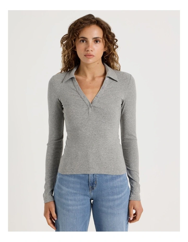 Slim Fit Long Sleeve Polo in Charcoal Marle image 4