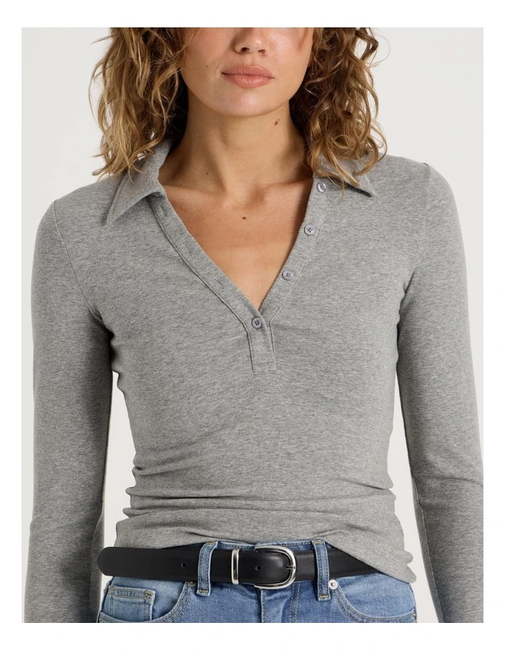 Slim Fit Long Sleeve Polo in Charcoal Marle image 6