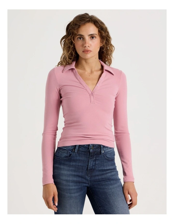 Slim Fit Long Sleeve Polo in Lilas image 1