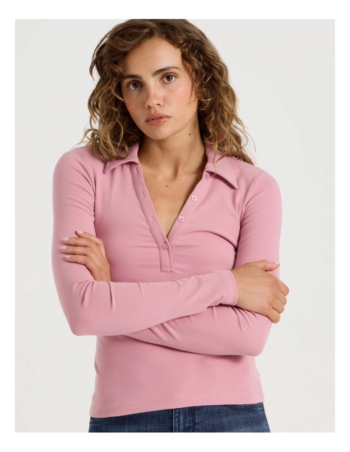 Slim Fit Long Sleeve Polo in Lilas image 3