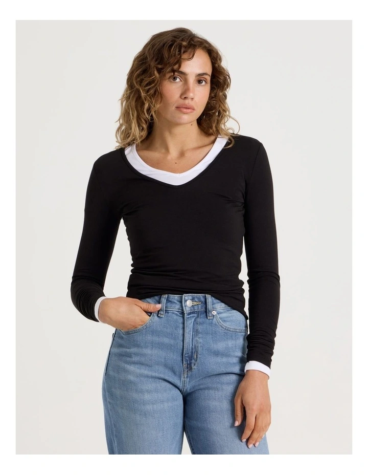 Soft V Neck Long Sleeve Top in Black image 1