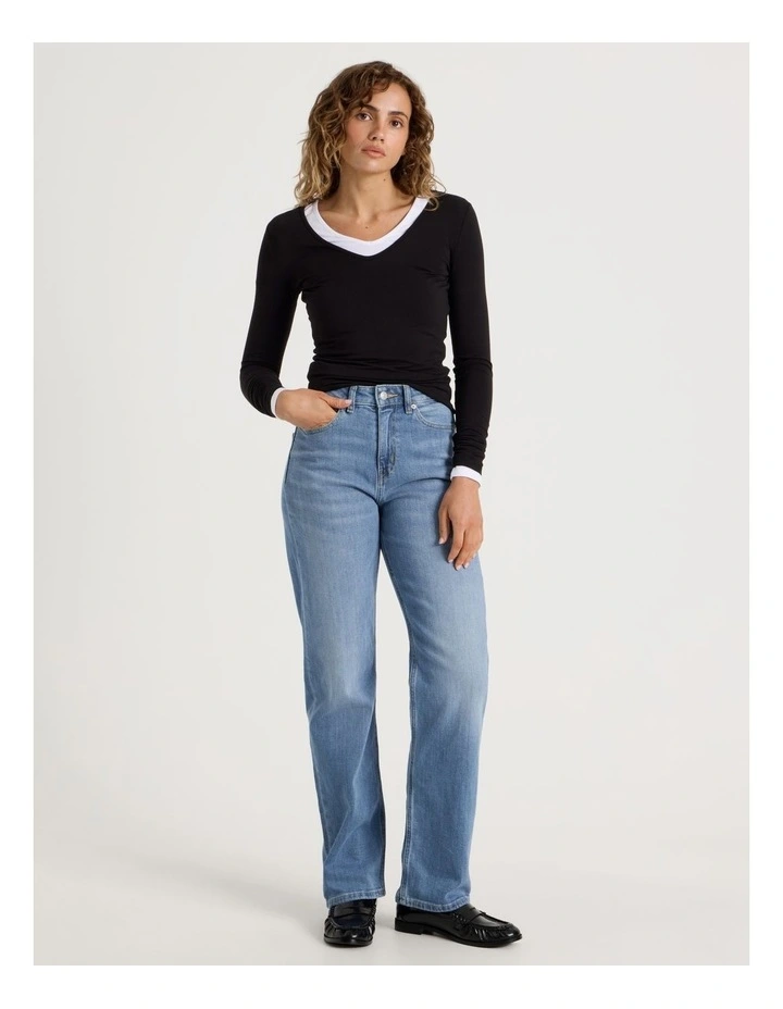 Soft V Neck Long Sleeve Top in Black image 2