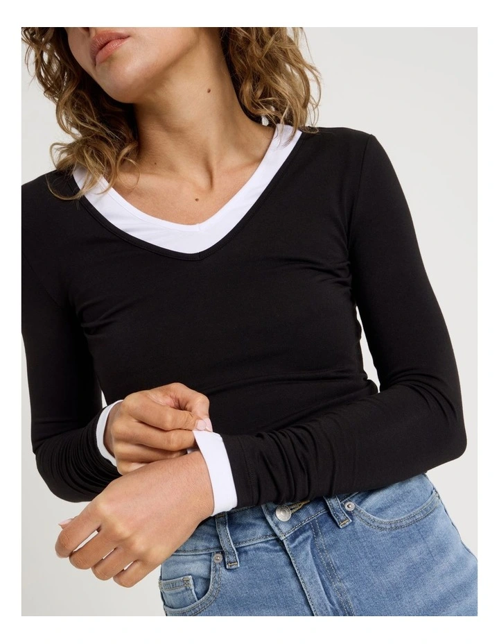Soft V Neck Long Sleeve Top in Black image 3