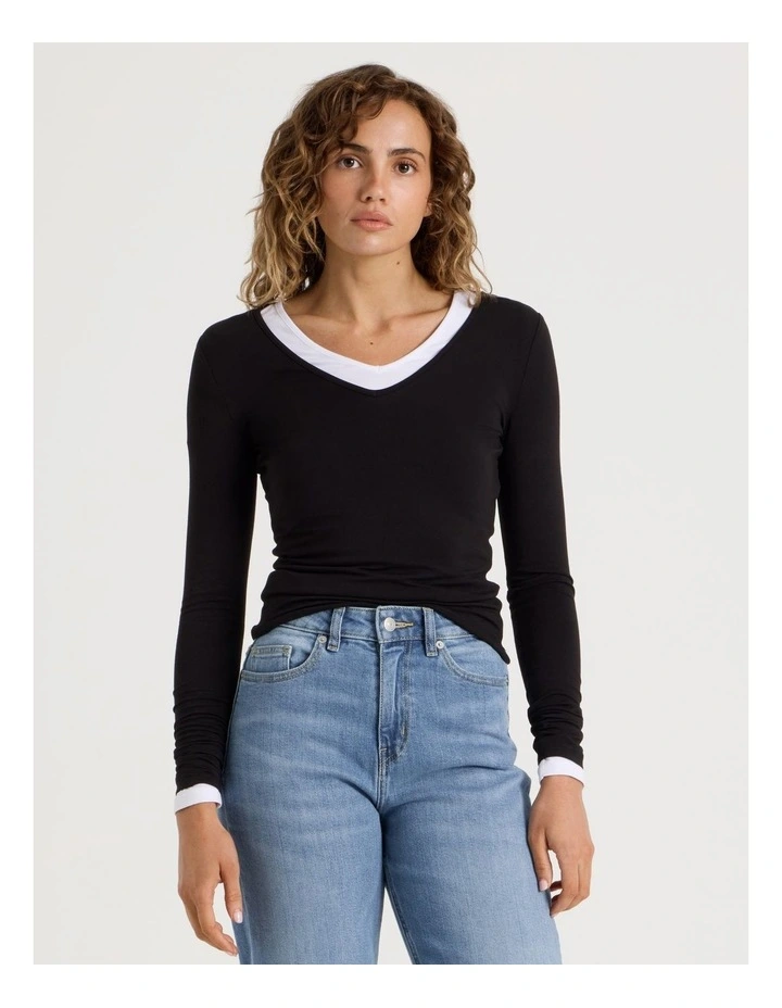 Soft V Neck Long Sleeve Top in Black image 4