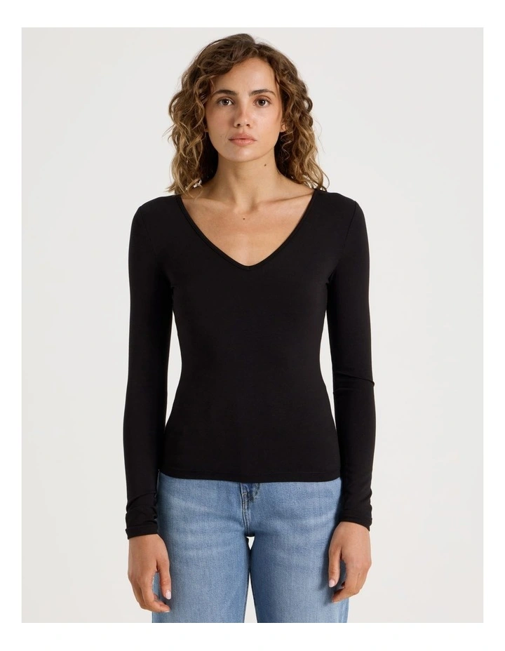Soft V Neck Long Sleeve Top in Black image 5