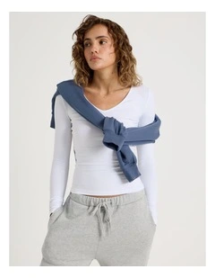 Soft V Neck Long Sleeve Top in White