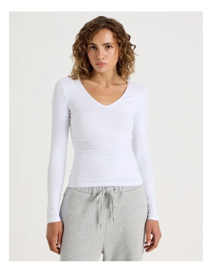 Soft V Neck Long Sleeve Top in White image 3