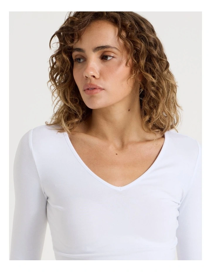 Soft V Neck Long Sleeve Top in White image 4