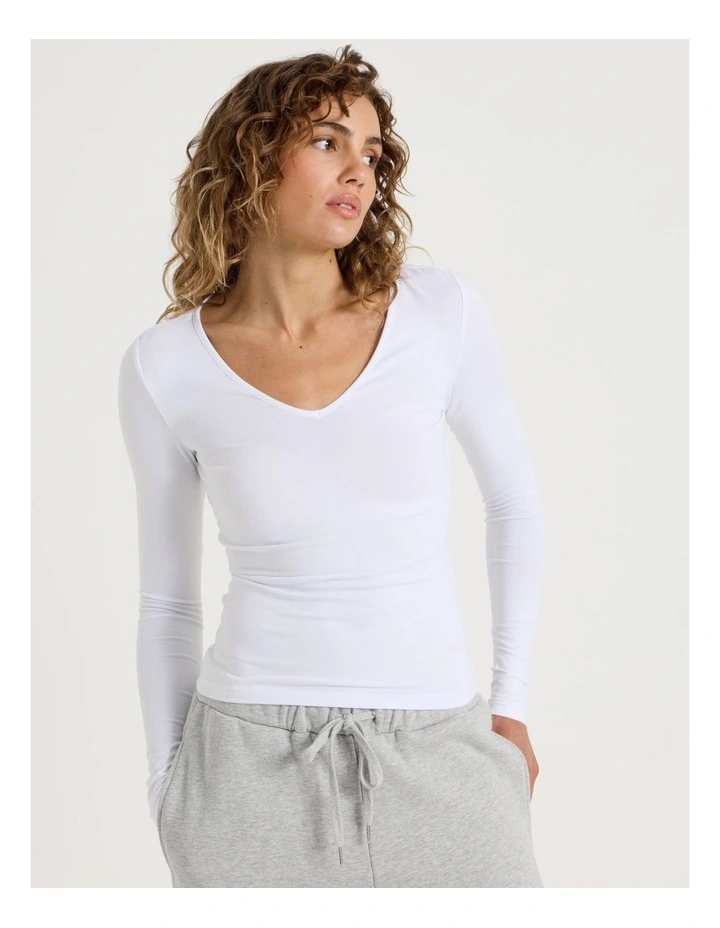 Soft V Neck Long Sleeve Top in White image 5
