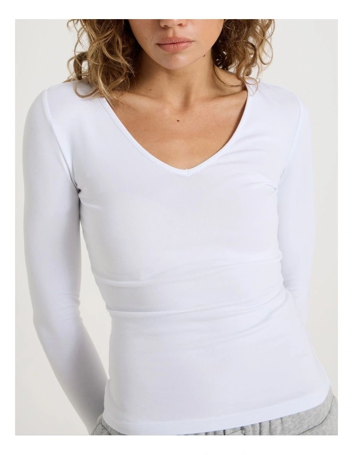 Soft V Neck Long Sleeve Top in White image 7