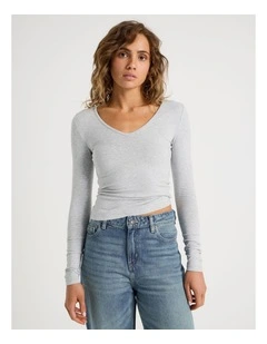 Soft V Neck Long Sleeve in Grey Marle