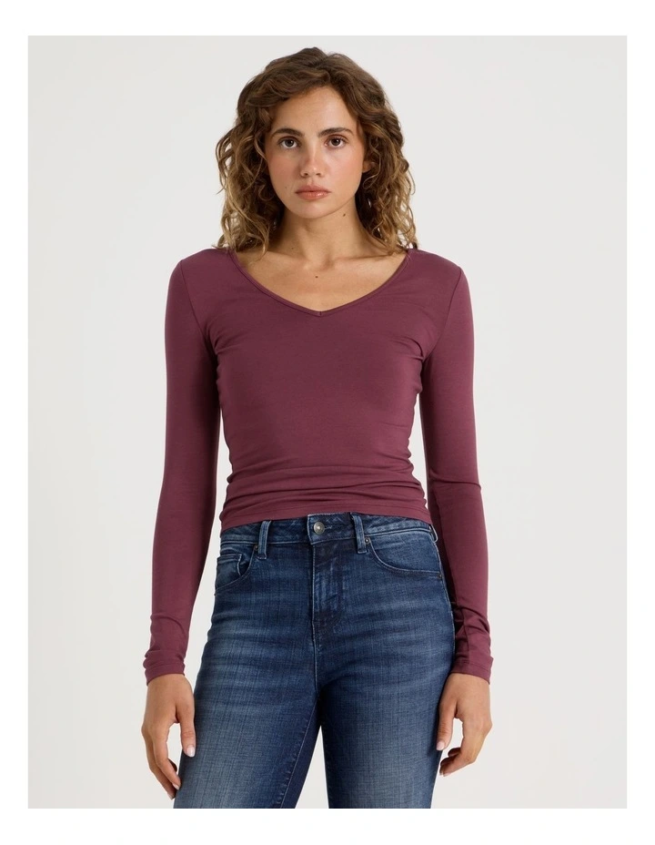 Soft V Neck Long Sleeve Top in Burgundy image 2