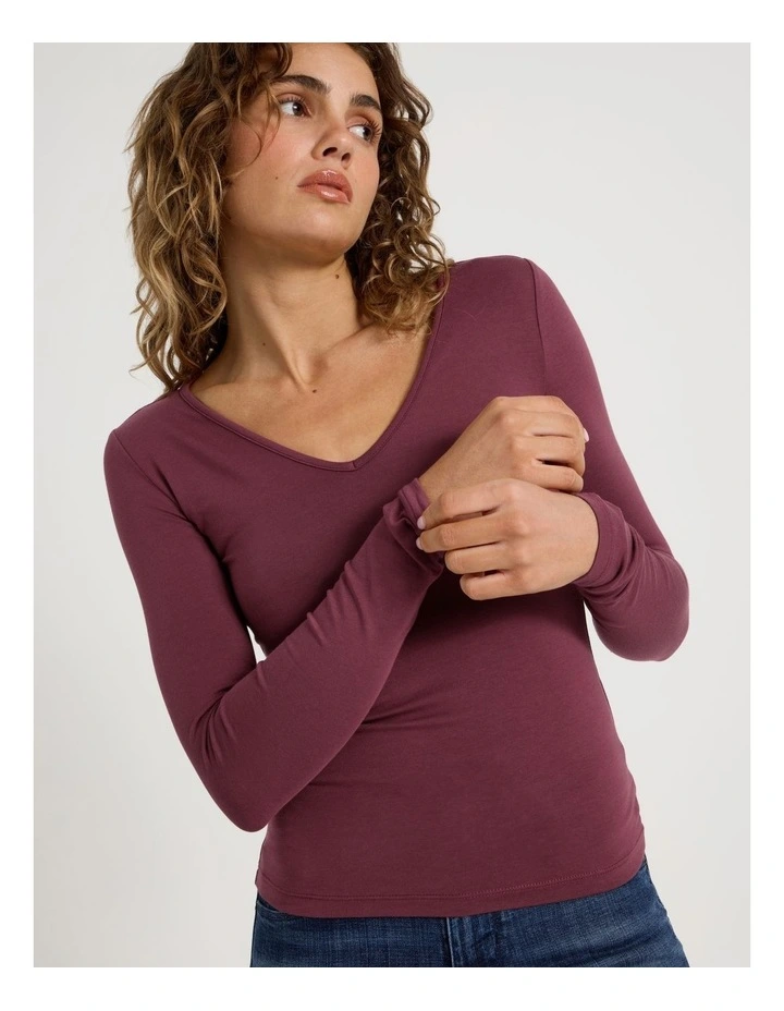 Soft V Neck Long Sleeve Top in Burgundy image 3