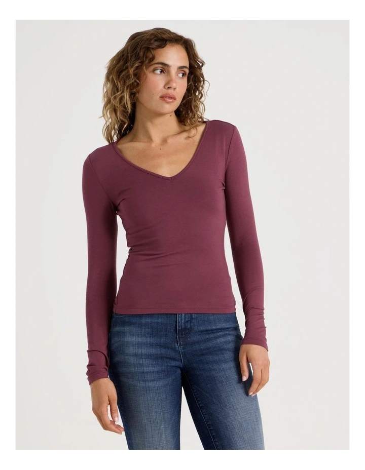 Soft V Neck Long Sleeve Top in Burgundy image 5