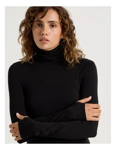 Long Sleeve Roll Neck Top in Black