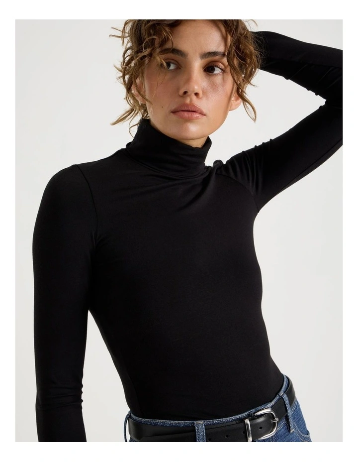 Long Sleeve Roll Neck Top in Black image 4