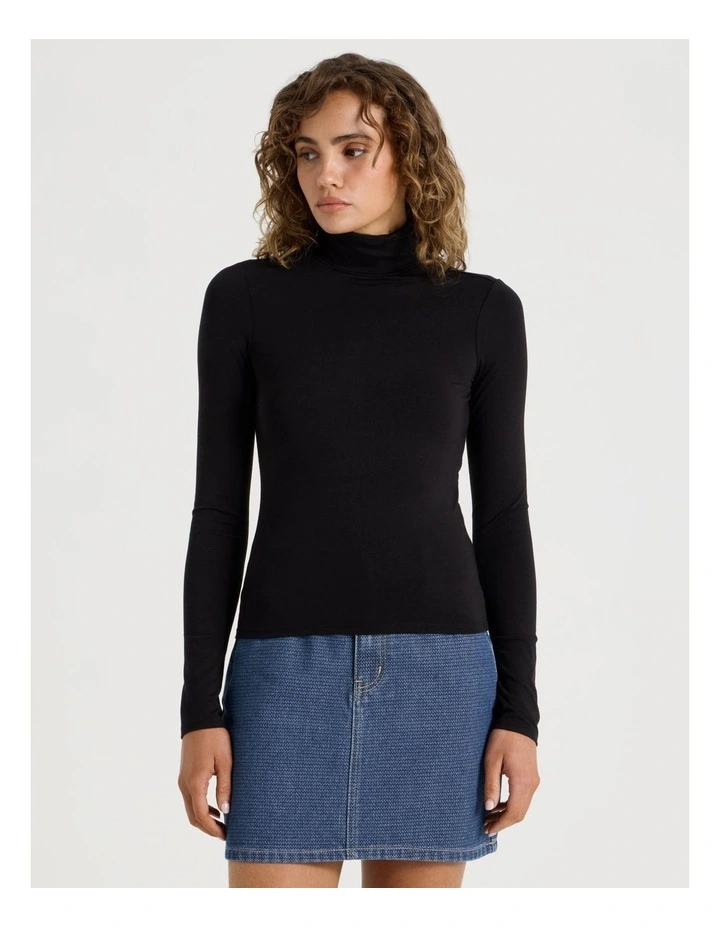Long Sleeve Roll Neck Top in Black image 5