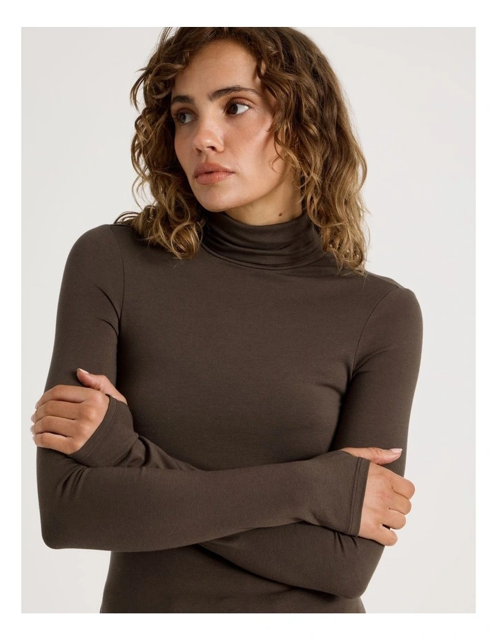 Long Sleeve Roll Neck Top in Hot Fudge image 2