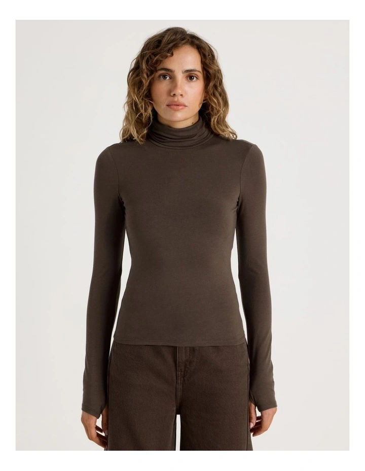 Long Sleeve Roll Neck Top in Hot Fudge image 5