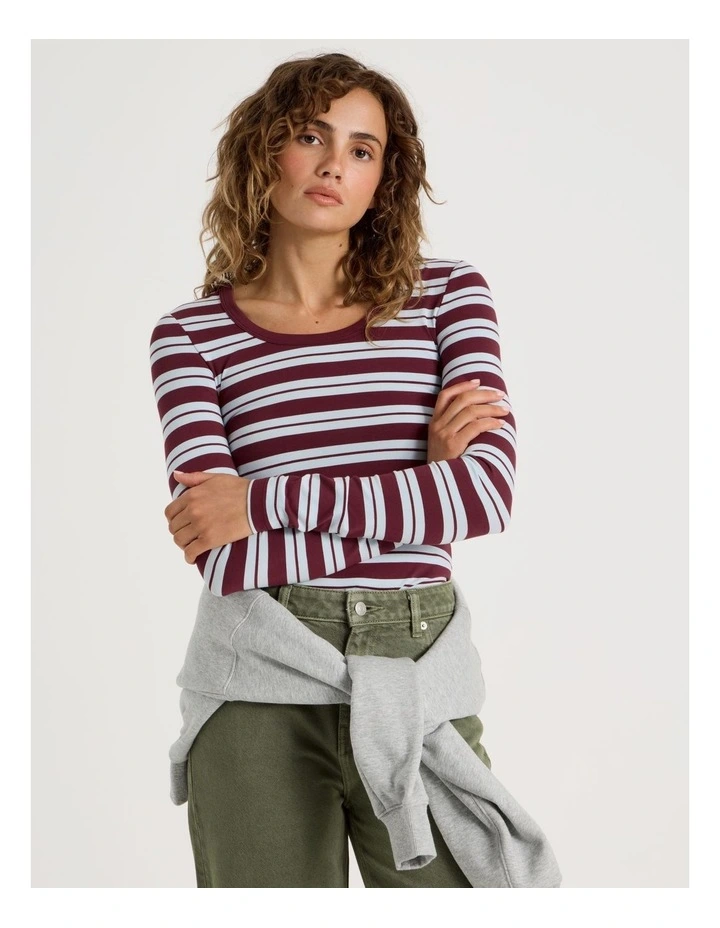 Long Sleeve Scoop Neck Tee in Burgundy/Blue Stripe image 1