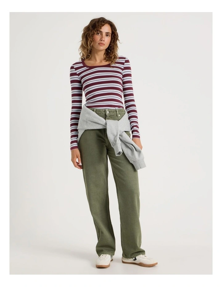 Long Sleeve Scoop Neck Tee in Burgundy/Blue Stripe image 2