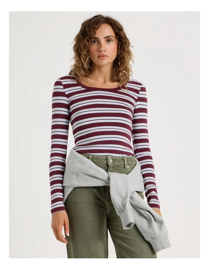 Long Sleeve Scoop Neck Tee in Burgundy/Blue Stripe image 3