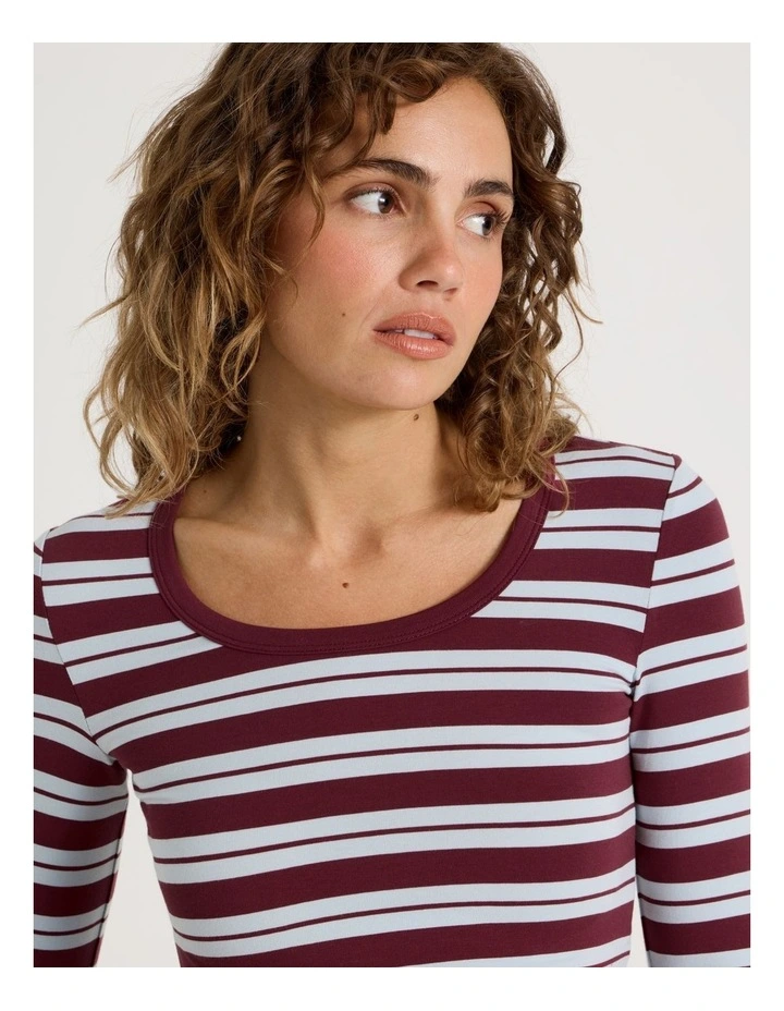 Long Sleeve Scoop Neck Tee in Burgundy/Blue Stripe image 4