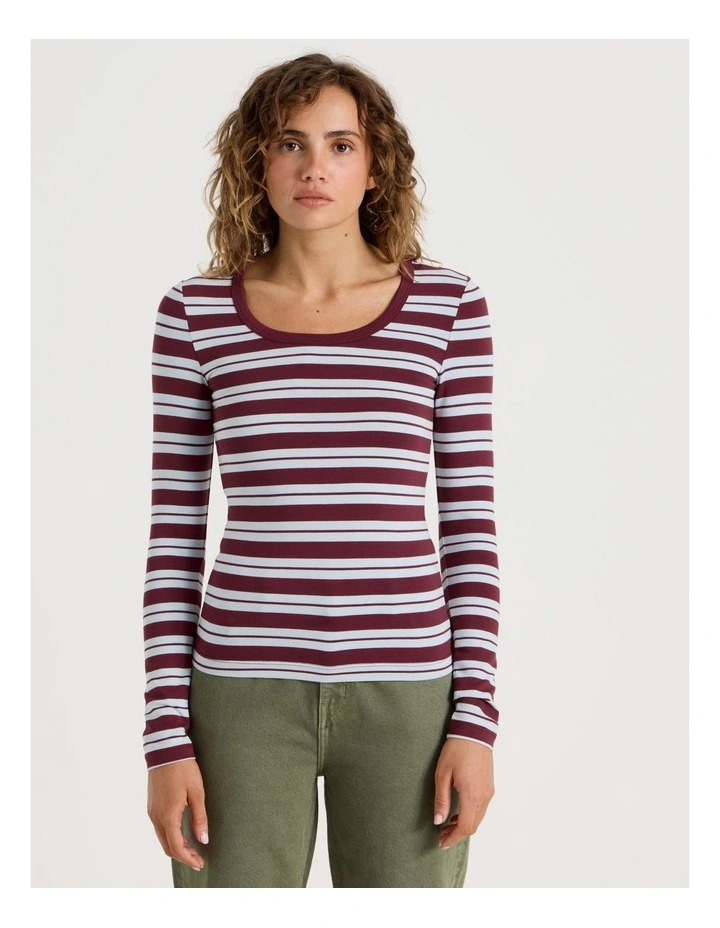 Long Sleeve Scoop Neck Tee in Burgundy/Blue Stripe image 5