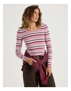 Long Sleeve Scoop Neck Tee in Pink/Burgundy Stripe