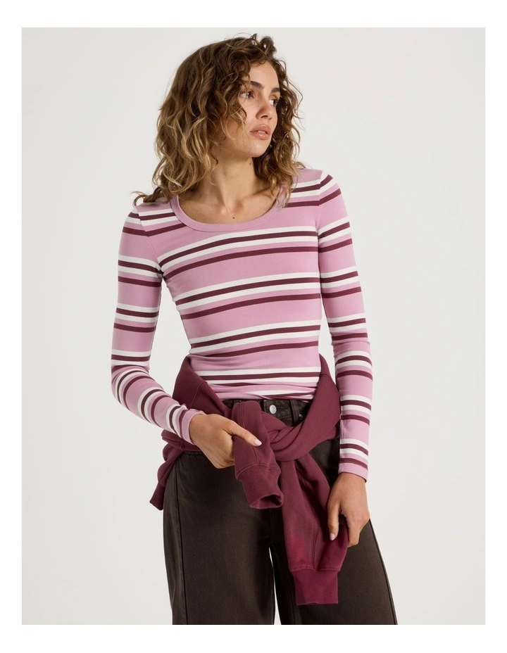 Long Sleeve Scoop Neck Tee in Pink/Burgundy Stripe image 1
