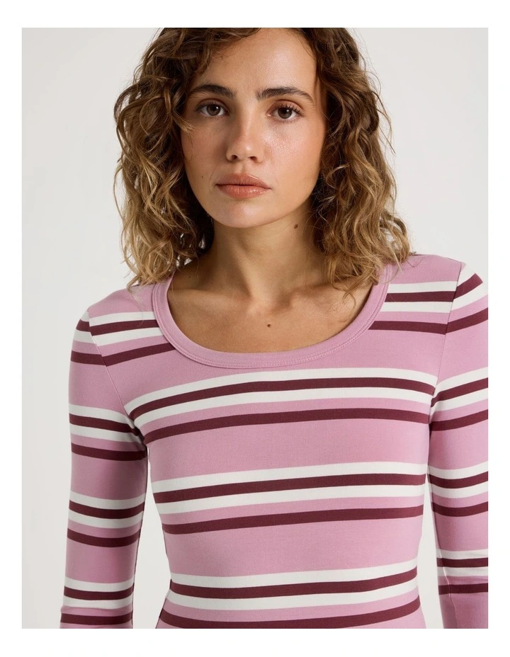 Long Sleeve Scoop Neck Tee in Pink/Burgundy Stripe image 2