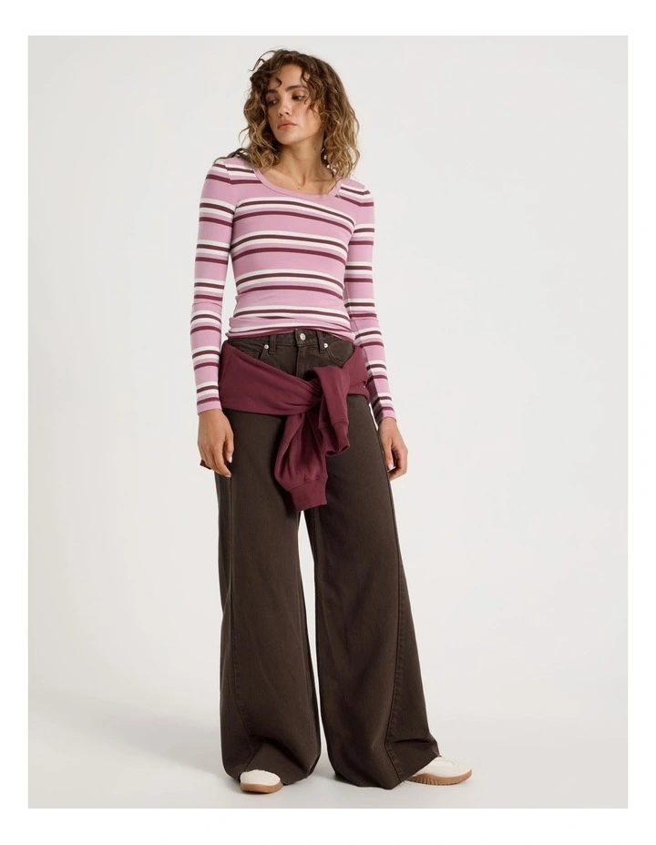 Long Sleeve Scoop Neck Tee in Pink/Burgundy Stripe image 3