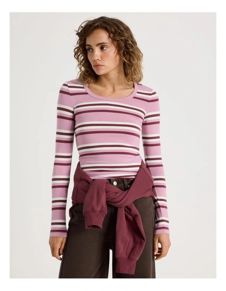 Long Sleeve Scoop Neck Tee in Pink/Burgundy Stripe image 4