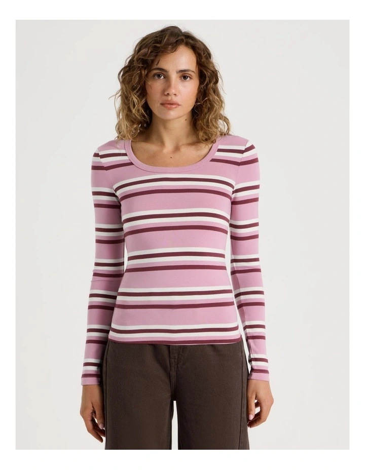 Long Sleeve Scoop Neck Tee in Pink/Burgundy Stripe image 5