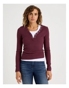 Slim Fit Long Sleeve Rib Henley in Burgundy