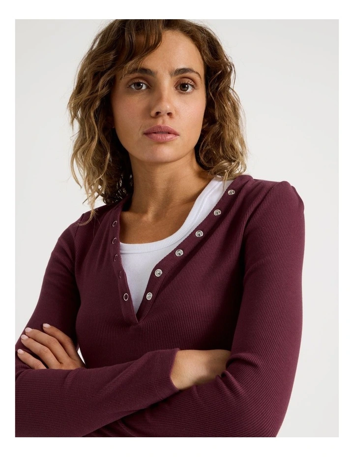 Slim Fit Long Sleeve Rib Henley in Burgundy image 2