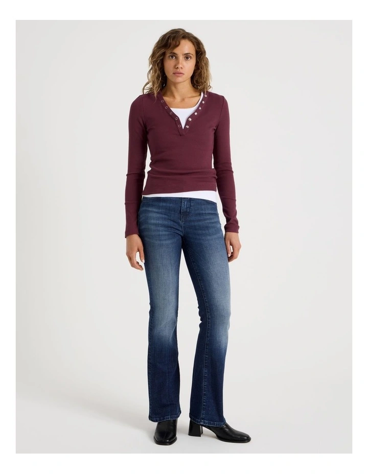 Slim Fit Long Sleeve Rib Henley in Burgundy image 3