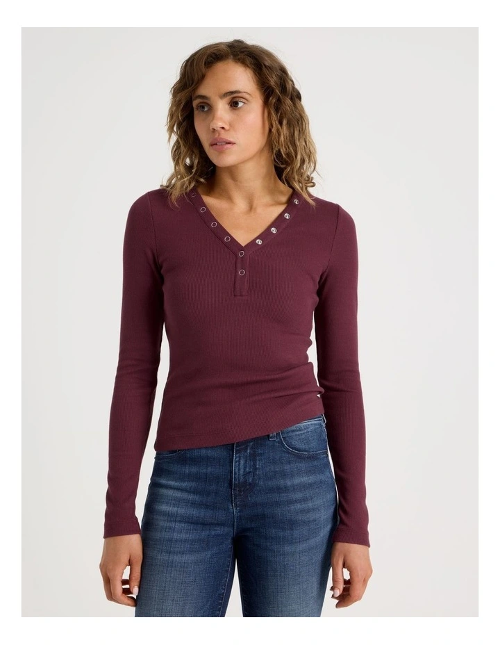 Slim Fit Long Sleeve Rib Henley in Burgundy image 4