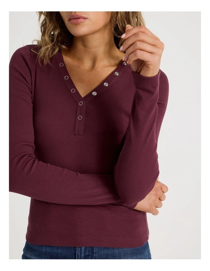 Slim Fit Long Sleeve Rib Henley in Burgundy image 5